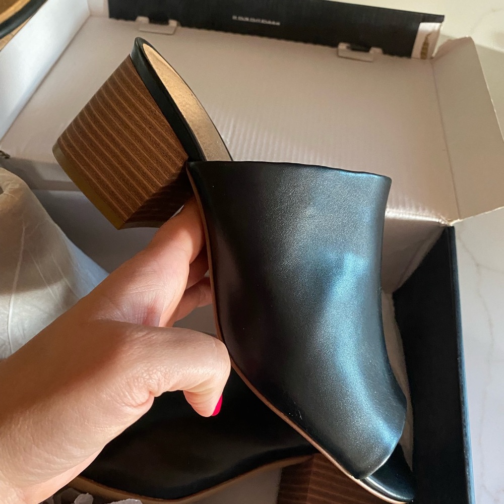 Black Leather Block Heel Mules